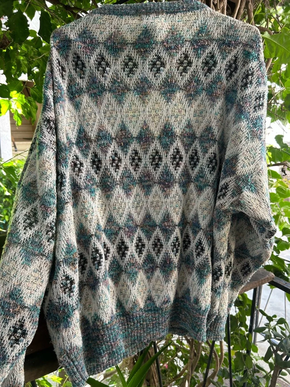 Cozy Diamond Pattern Button-Up Cardigan in Teal & Cream - Picture 4 of 4